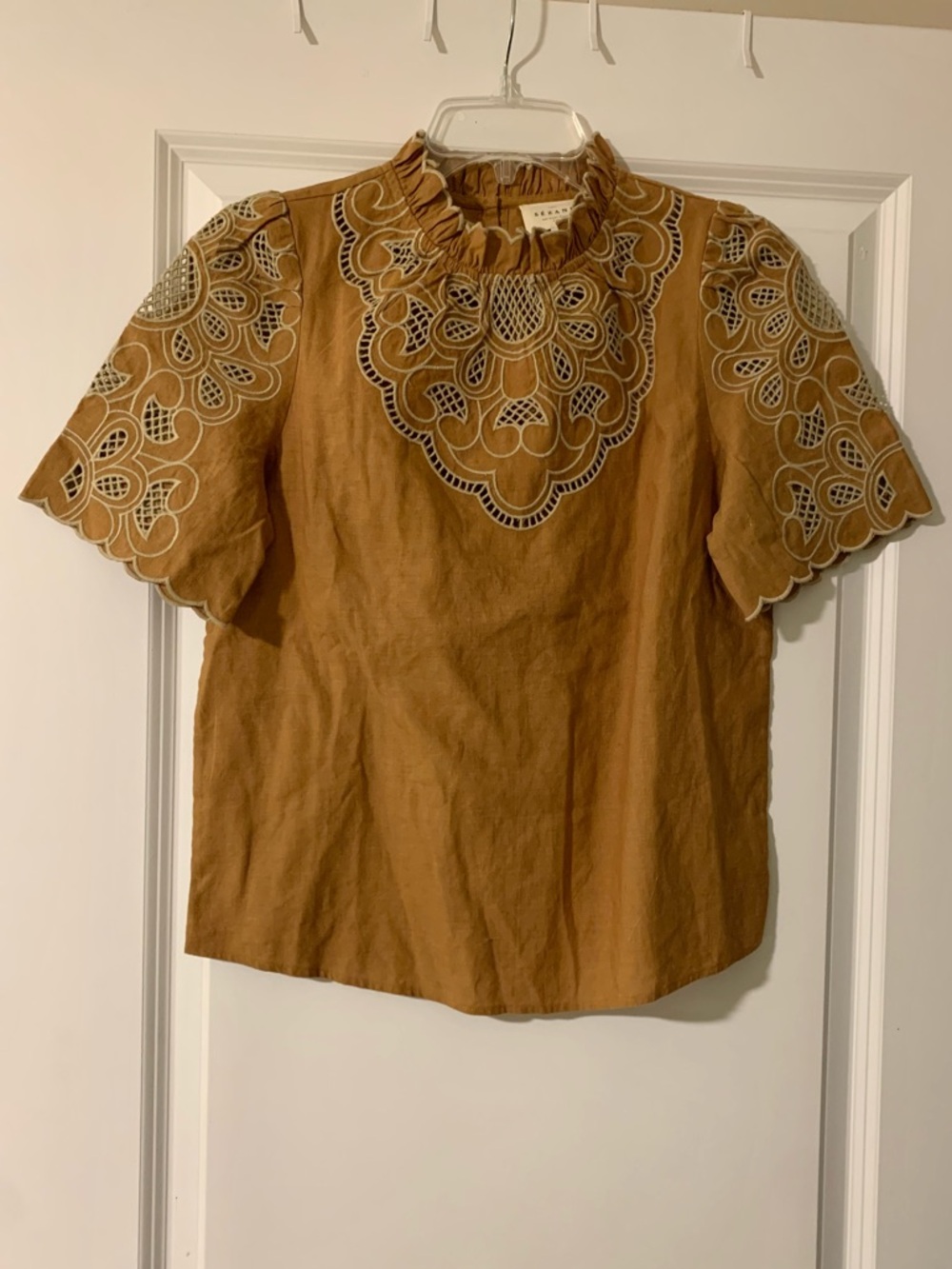 Sezane linen lace Tan Embroidered Ruffle Neck Blouse